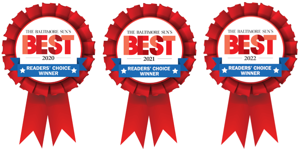 The Baltimore Sun's Best Readers' Choice Winner ribbons for 2020, 2021 and 2022 awarded to Pizza di Joey